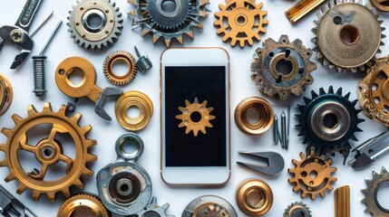Poster - printed on white background, smartphone, gears and tools. concept of technical support, warranty ser