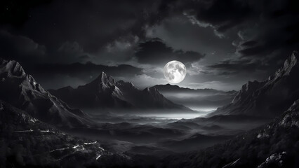 Monochromatic landscape of jagged mountains under a full moon. A valley with winding roads illuminated by moonlight. Ideal for fantasy or epic backgrounds