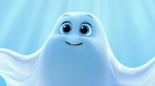 A Cartoonish White Ghost With Blue Eyes And A Big Smile. The Ghost Is Standing In Front Of A Blue Background