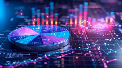 Multiple data reports on a digital screen with pie chart and graphs.