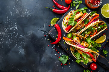 Vibrant Mexican tacos with fresh ingredients on a dark concrete background in a top view style AI