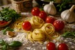 Food table adorned with noodles, tomatoes, garlic, and basil ingredients