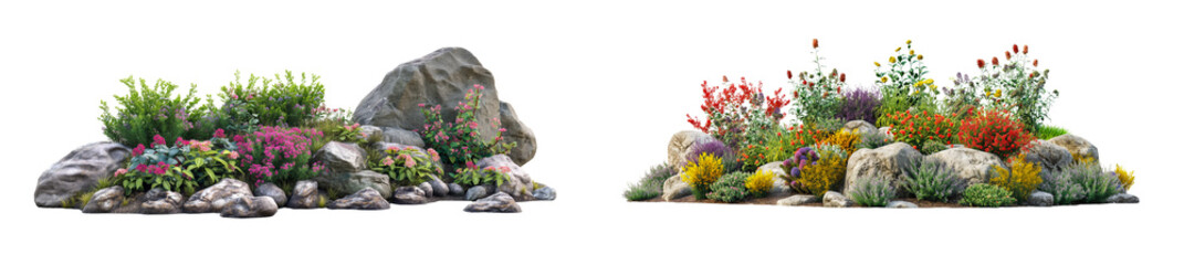 Poster - Collection of garden with shrubs flowers and rocks isolated on transparent or white background