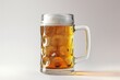 A frosty beer mug filled with golden beer and a foamy head against a neutral background