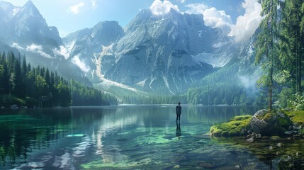 craft an image of paradise where one person stands in awe