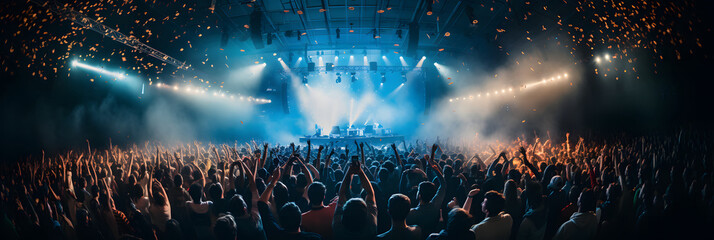 An exhilarating view of an enthusiastic crowd at a live concert, with hands raised, stage lights illuminating the scene, and confetti in the air