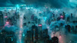 A bustling metropolis submerged in neon lights beneath a cloud-filled sky