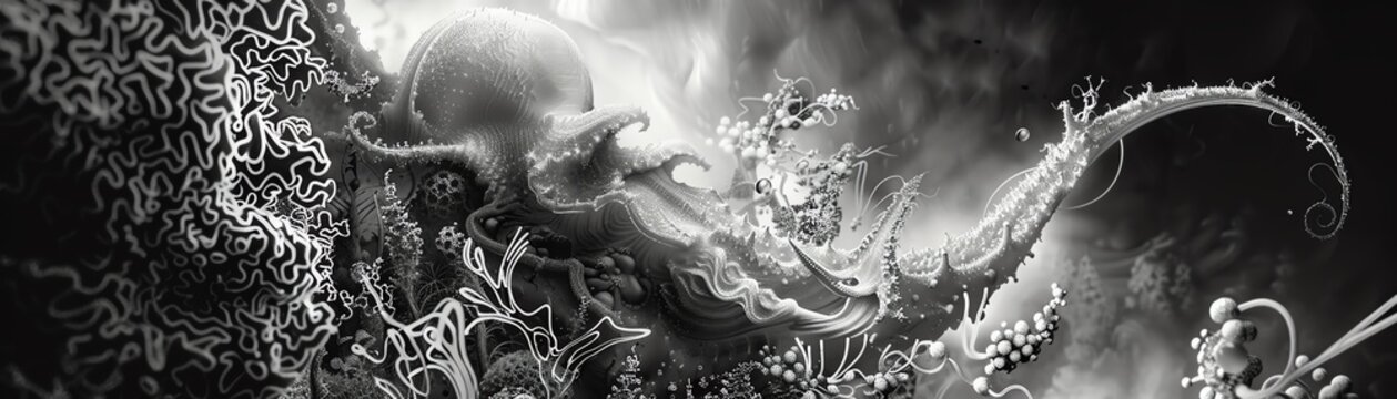 illustrate the enigmatic alliance of the undersea realm and microscopic marvels in a black and white