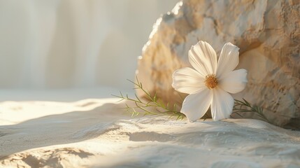 Wall Mural - Elegant white flower resting on a textured rock surrounded by soft sand, capturing a serene and natural beauty