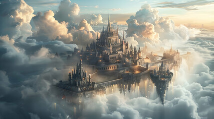 a cityscape where buildings float among the clouds, connected by bridges of light