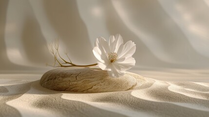 Wall Mural - Elegant white flower resting on a textured rock surrounded by soft sand, capturing a serene and natural beauty