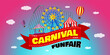 Carnival funfair horizontal banner design template. Amusement park with circus, carousels, roller coaster, attractions on festive ribbon with inscription. Fun fair festival poster. Vector illustration
