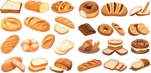 Poster - bread collection. Cuisine cartoon bakery food, bagel and baguette, wheat bread slices for breakfast