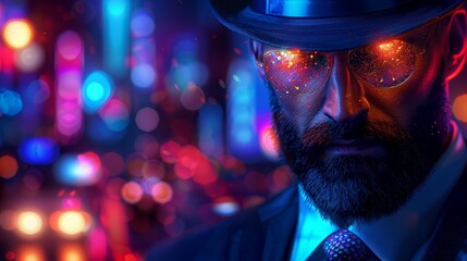 Wall Mural -   A tight shot of an individual dressed in a suit and necktie against a backdrop of neon-lit cityscape during the night