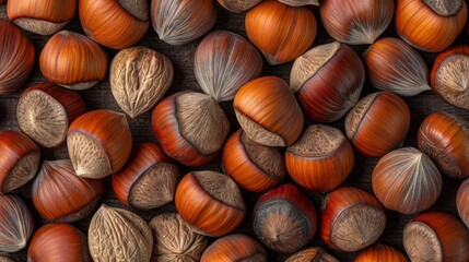 Assorted hazelnuts in shells for nutritious background in food and cooking concepts