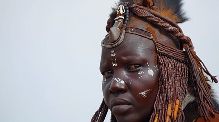 Wall Mural -   A tight shot of an individual wearing white paint on their face and donning a feather headdress