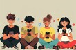 © Nijieimu - Smartphone and social media addiction concept, A group of young people engrossed in their phones