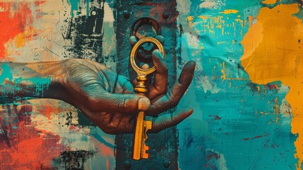 Poster - Using a key to open a lock. Collage art.
