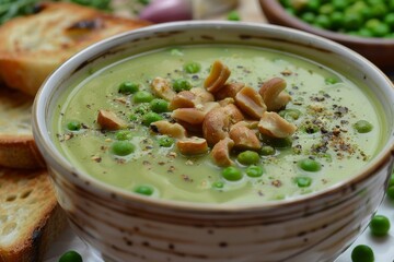 Wall Mural - Pea soup with garlic nuts and toast