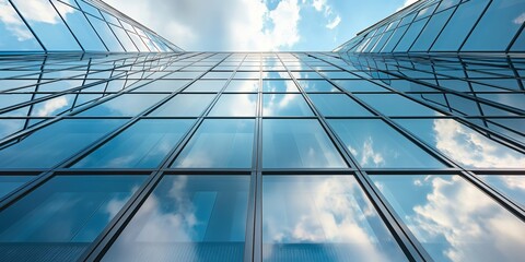 An impressive skyscraper's glass facade reflecting the blue sky and clouds, symbolizing urban growth and architectural innovation