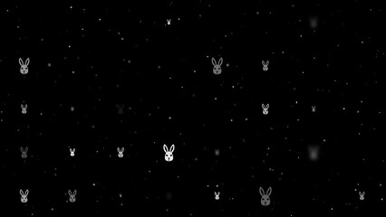 Poster - Template animation of evenly spaced cute hare head symbols of different sizes and opacity. Animation of transparency and size. Seamless looped 4k animation on black background with stars