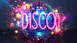In vintage colors, this disco ball has a glittery rainbow wave and glitter stars, along with the word Disco. Modern emblem, patch, sticker.