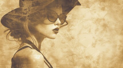 Wall Mural - A stylish woman in a hat and sunglasses, exuding an air of mystery and sophistication with a vintage touch