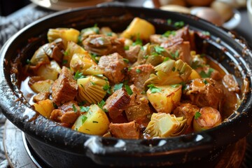 Sticker - Pot containing pork stew with artichokes and potatoes