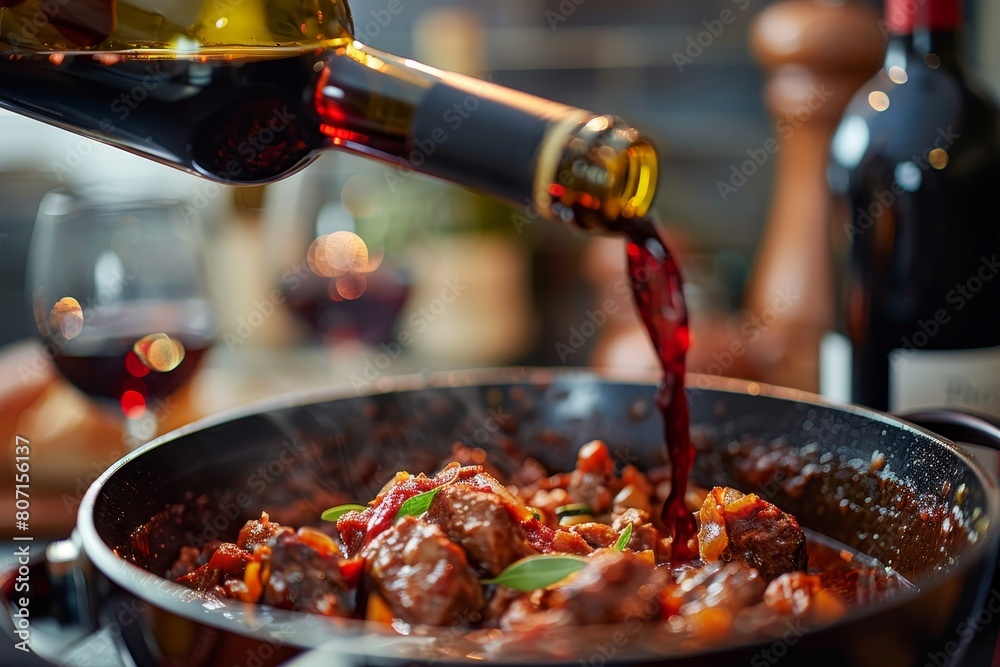 Pour red wine from bottle into pot with roasting goulash to deglaze ...