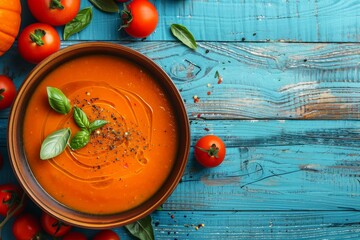 Wall Mural - Pumpkin and tomato soup in bowl with blue background top view copy space