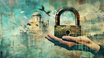Poster - In hand is a closed padlock. This is an art collage.