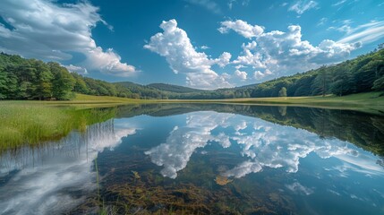 Wall Mural - A lake with a cloudy sky in the background. The sky is blue and the clouds are white