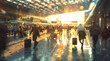 Crowd of blurred busy airport business office workers employment city people market walking modern building rushing bustle culture work banking economic bank urban