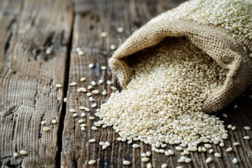 Sesame seeds in sack on table