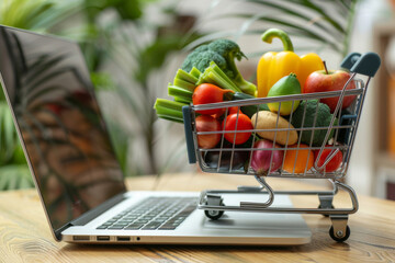 The convenience of modern online grocery shopping and e-commerce for purchasing fresh produce, including bell peppers and potatoes, from the comfort of your home using a laptop and internet access