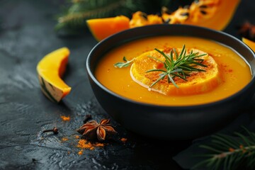 Wall Mural - Spiced pumpkin soup in black bowl close up with dark background and copy space