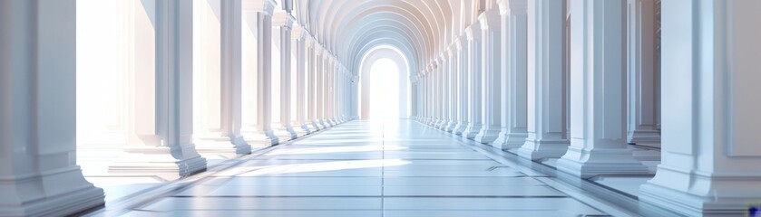 Wall Mural - A long, narrow hallway with white pillars