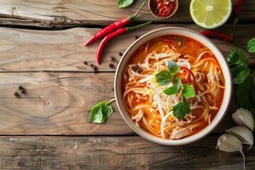 Wall Mural - Spicy Thai chicken noodle soup on wooden table top view