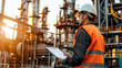 © Kowit - A man in an orange safety vest is standing in front of a large industrial plant. He is holding a clipboard and looking at it. Concept of responsibility and caution