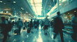 Crowd of blurred busy airport business office workers employment city people market walking modern building rushing bustle culture work banking economic bank urban