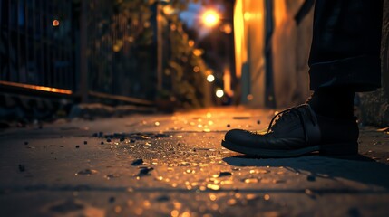 Canvas Print - The image is a close-up of a person's feet in a dark alley. The only light comes from a street lamp in the distance.