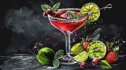 Vintage style stylized drawing of a cocktail Margarita on a blackboard in a series of contemporary classics