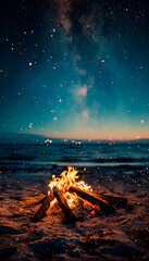 A beautiful summer night sky filled with stars. A bonfire burns on the beach