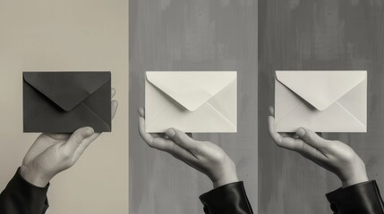 Poster - Various images of a hand with an envelope in three different colors, isolated, toned, and black and white