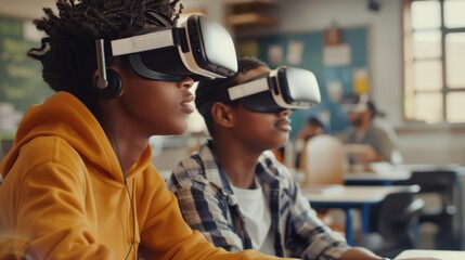 Wall Mural - A student wearing a VR headset while the teacher observes their virtual exploration, facilitating interactive learning in the classroom.