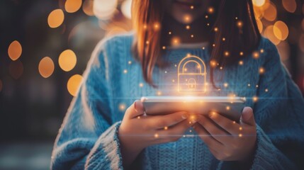 Poster - a girl holding a tablet points to a padlock icon as a symbol of online and virtual security.