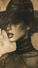 Wall Mural - A mysterious woman with a captivating gaze, adorned in a stylish hat, set against a vintage backdrop