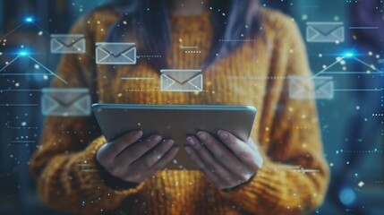 Poster - An image showing a girl holding a digital tablet and sending email. Online mail, correspondence, feedback, reporting.
