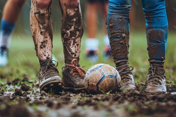 Teenage girls display their dirty soccer shoes while playing