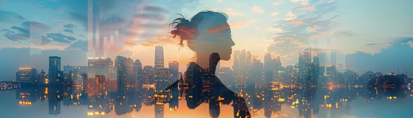 Silhouette of a leader with a double exposure of a city skyline, highlighting leadership roles and the potential for industry impact 